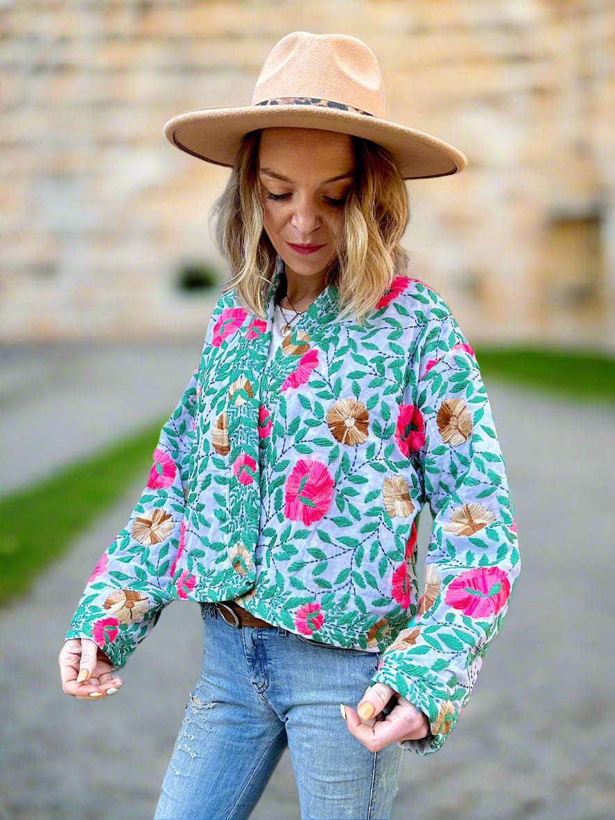 Off White Pink and Brown Flowers Crop Bohemian Jacket