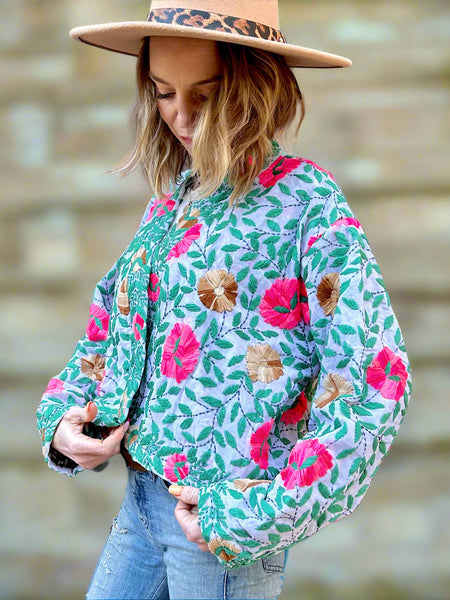 Off White Pink and Brown Flowers Crop Bohemian Jacket