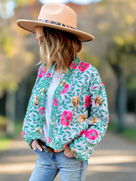 Off White Pink and Brown Flowers Crop Bohemian Jacket