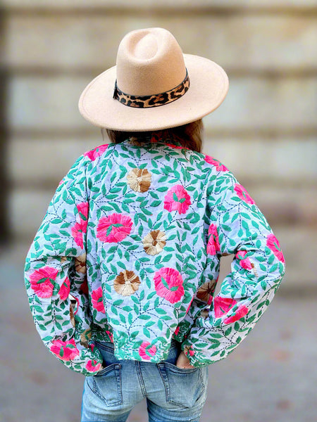 Off White Pink and Brown Flowers Crop Bohemian Jacket